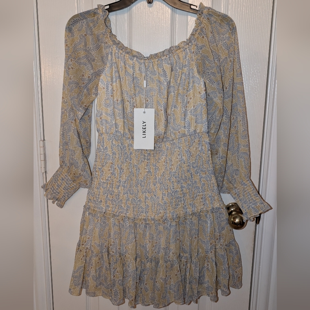 Likely Women's Patterned Blue, Yellow, And Gold Long Sleeve Dress